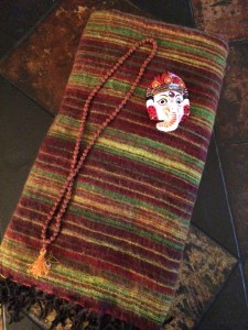 Yak wool shawl, hand-painted Ganesha and prayer beads