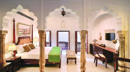Beautifully restored guest room at Haveli Dharampura in Chandni Chowk