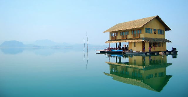 A floating home on Lake Khao Laem in Thailand