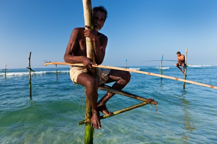 Stilt fishermen in Sri Lanka during the best weather.